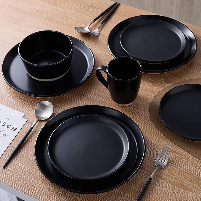 Stone Lain Jules Stoneware 16-Piece Dinnerware Set, Plates and Bowls, Service for 4, Black, Microwave & Dishwasher Safe
