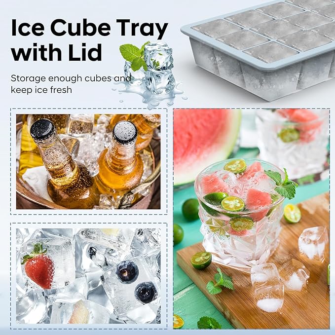 Silicone Ice Cube Tray 2 Pack, HANCELANT Ice Cube Mold, Ice Trays for Freezer with Lid for Whiskey, Cocktail, Drinks and Food, Freezer, BPA Free, Easy Release