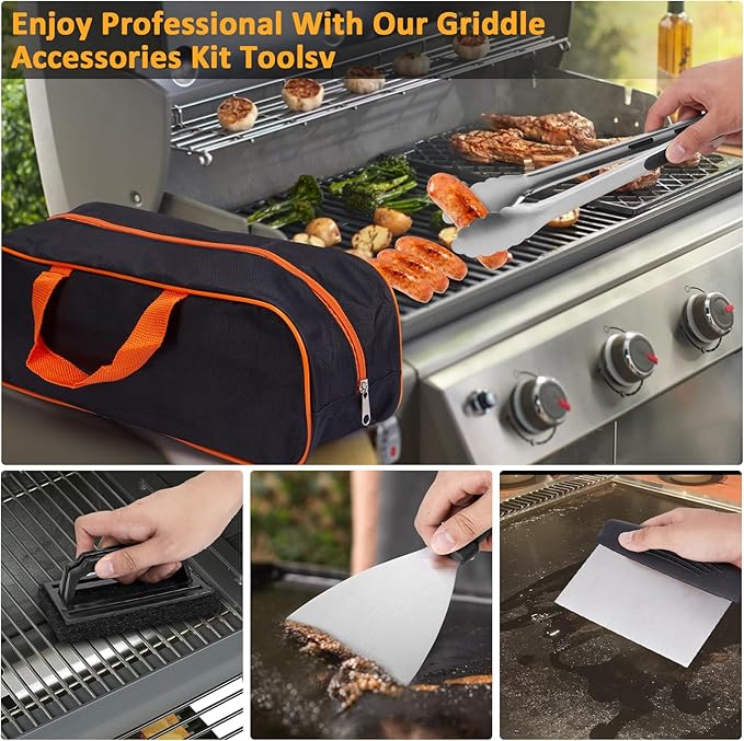 29PCS Blackstone Griddle Accessories Kit with Burger Press, Flat Top Grilling Accessories Set for Blackstone and Camp Chef, Metal Grill BBQ Enlarged Spatulas Set with Scraper, Carry Bag for Outdoor