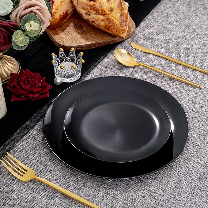PULOTE 200PCS Black Plastic Plates - Heavy Duty Black Disposable Include 100 Each (10 inch Dinner & 7 inch Dessert) Plates, Disposable for Party, Birthday & Graduation