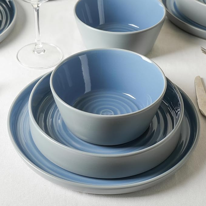Stone Lain Elica 12-Piece Modern Dinnerware Set Stoneware, Plates and Bowl Sets for 4, Blue and Grey