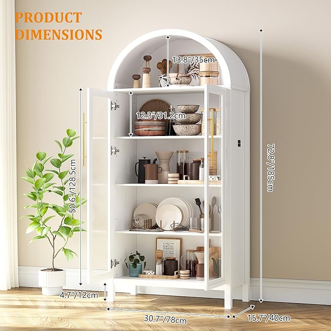 Dystler Arched Kitchen Pantry Cabinet with Glass Doors, Display Curio Case with 3 Color LED Lights for Collectibles, Modern 5-Tier Storage Hutch Cabinet, White