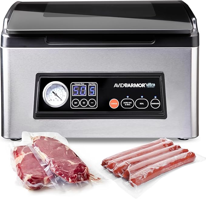 Avid Armor USV32 Chamber Vacuum Sealer Machine – 11.5" Sealing Bar, Glass Lid, Seal Meats, Soups, Sauces & Liquids, Marinate in Minutes, Sous Vide Ready, Accessory Hose Included, Stainless Steel