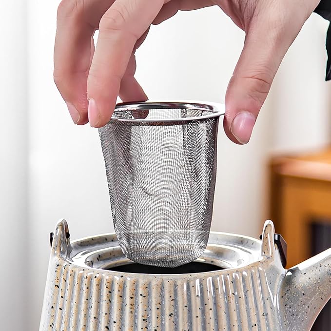 Yundu Ceramic Teapots for Tea, 1000ml/33.8oz Tea Pot with Infusers for Loose Tea, Striped Tea Pot with Removable Tea Infuser - Reactive Grey
