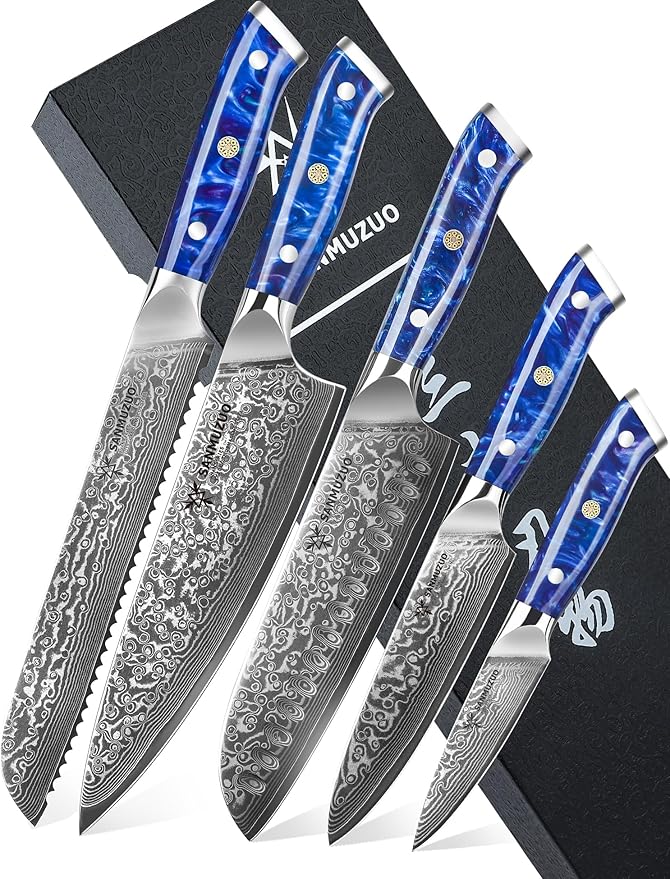 SANMUZUO Chef Cooking Knives Set- Kitchen Knife Set of 5 Piece - Ultra-Sharp VG10 Damascus Steel & Resin Handle - Xuan Series (Sapphire Blue)