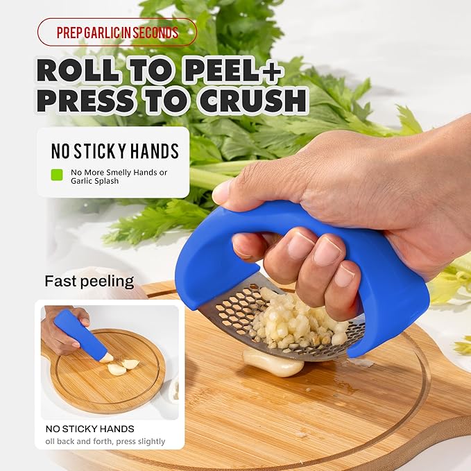 Li&Zhao Stainless Steel Garlic Press Rocker - Garlic Crusher Stainless Steel Garlic Mincer Tool Garlic Rocker with Garlic Peeler Garlic Smasher for Kitchen Cooking(Blue)