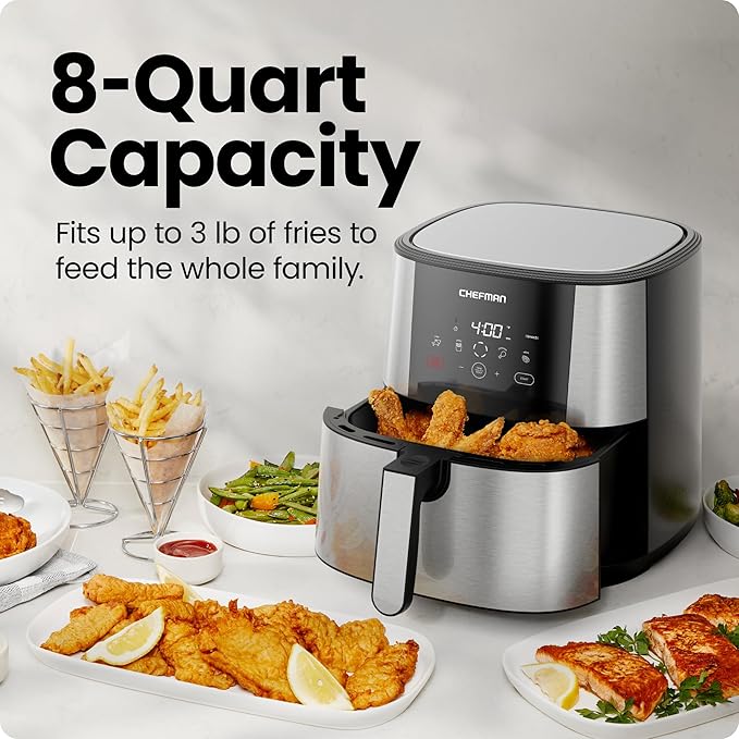 Chefman Air Fryer 8 Qt | TurboFry® 4-in-1 with 450°F Hi-Fry Option for Crispier Results | Bake, Dehydrate, Frozen | XL Nonstick Dishwasher-Safe Basket | Stainless Steel