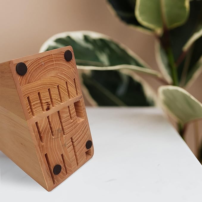 Kitchen knife holder elegant & sturdy (15 slots). Universal knife block with slots for knives, scissor and sharpenner. Knife Block without Knives. Kitchen knife holders for counter top. (Rubber Wood)