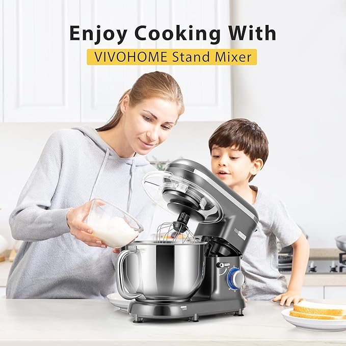 VIVOHOME Stand Mixer, 6-Quart Tilt-Head Kitchen Mixer with Bowl, Gray
