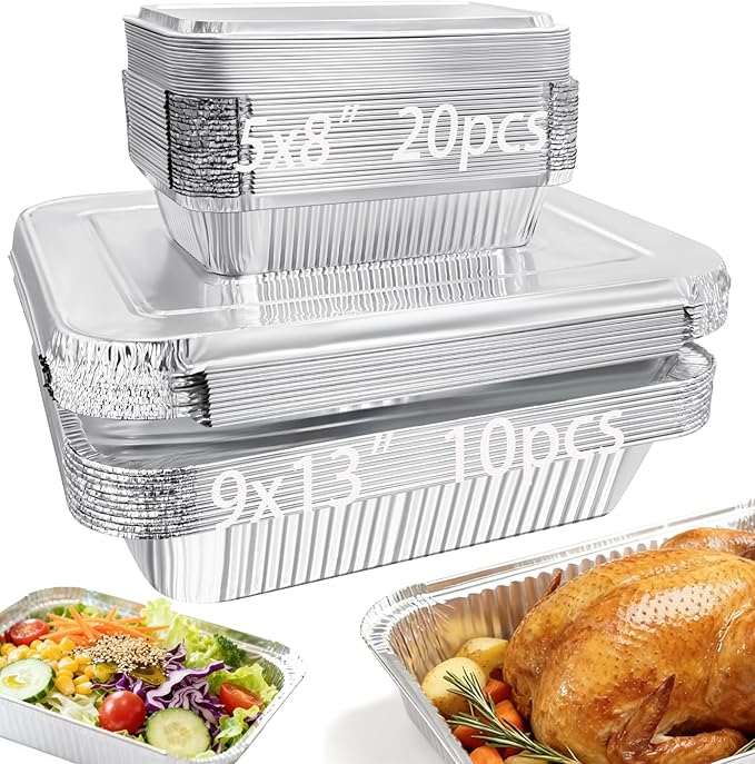 Notwoe® 30pc Disposable Aluminum Pans With Lids, 9x13 (10pc) And 8.2x5.7 Rectangle (20pc) Combo Set, Disposable Baking and Cake Pan. (30)