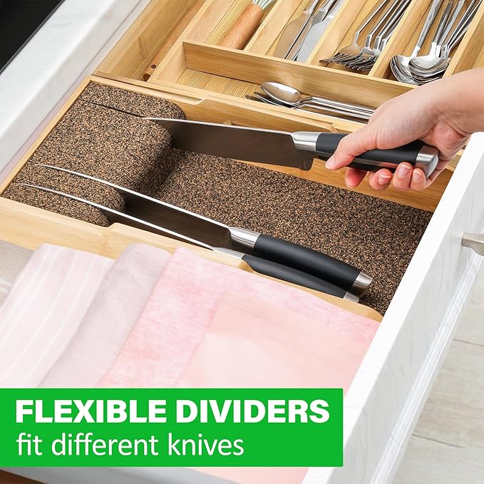 Mospten Bamboo Knife Drawer Organizer Insert - Kitchen In-Drawer Knife Block Holder, Flexible Dividers for Knives Organization