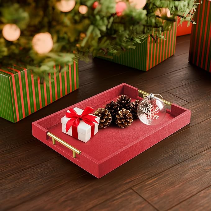 ATZYmolin 17"x12" Leather Serving Tray, Gold Handle Vanity Platter, Red