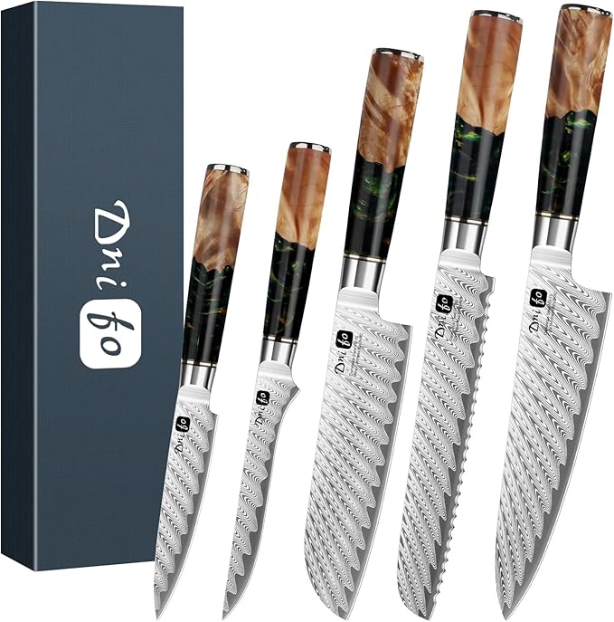 5PCS Damascus Knife Set, 5" Paring, 6" Boning, 7" Santoku, 8" Chef & Bread