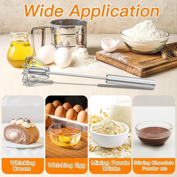 Qukaka Hand mixer egg beater,stainless steel semi automatic whisk,egg spinner,wisking tool,whipped cream dispenser,easy whisks for cooking,Beating&Stirring(12in)
