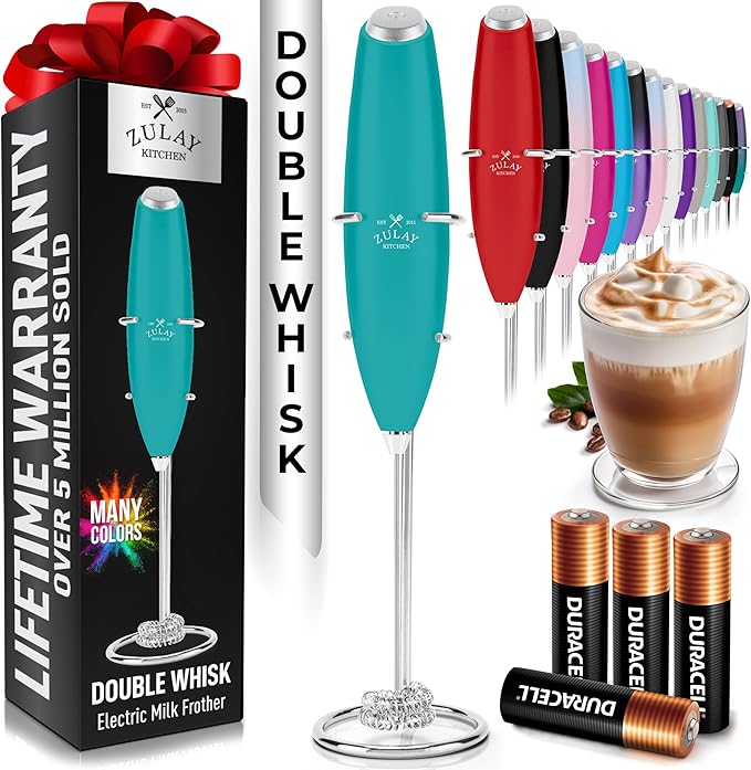 Zulay Kitchen Powerful Milk Frother Wand With Duracell Batteries - Ultra Fast Handheld Drink Mixer - Electric Whisk Foam Maker for Coffee, Lattes, Cappuccino & Matcha - Double Whisk - Caribbean Aqua