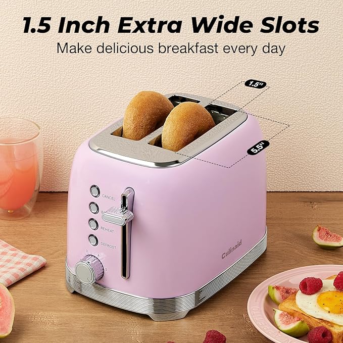 Culinaid Toaster 2 Slice Retro Stainless Steel, Pastel Pink