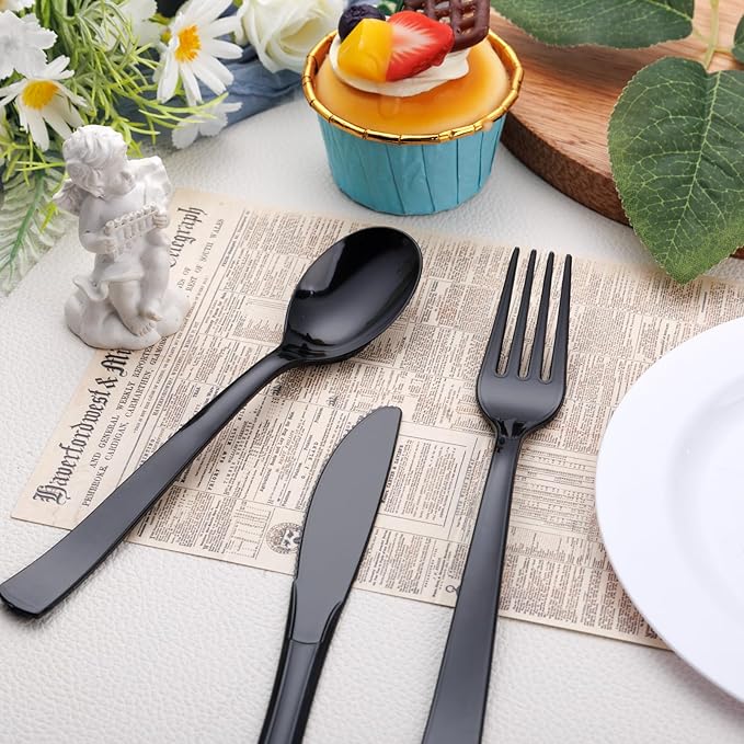 EI 360pcs Black Plastic Silverware,Disposable Cutlery,Plastic Silverware Heavy Duty,Plastic Spoons and Forks include 120pcs Forks,120pcs Spoons and 120pcs Knives,for Wedding,Graduation Decorations