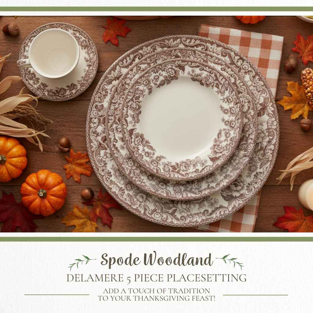 Spode Delamere 5-Piece Place Setting – Rich Brown British Flowers Border, Includes Dinner, Salad, Bread Plates with Teacup & Saucer – Fine Earthenware, Dishwasher, Microwave, Oven & Freezer Safe