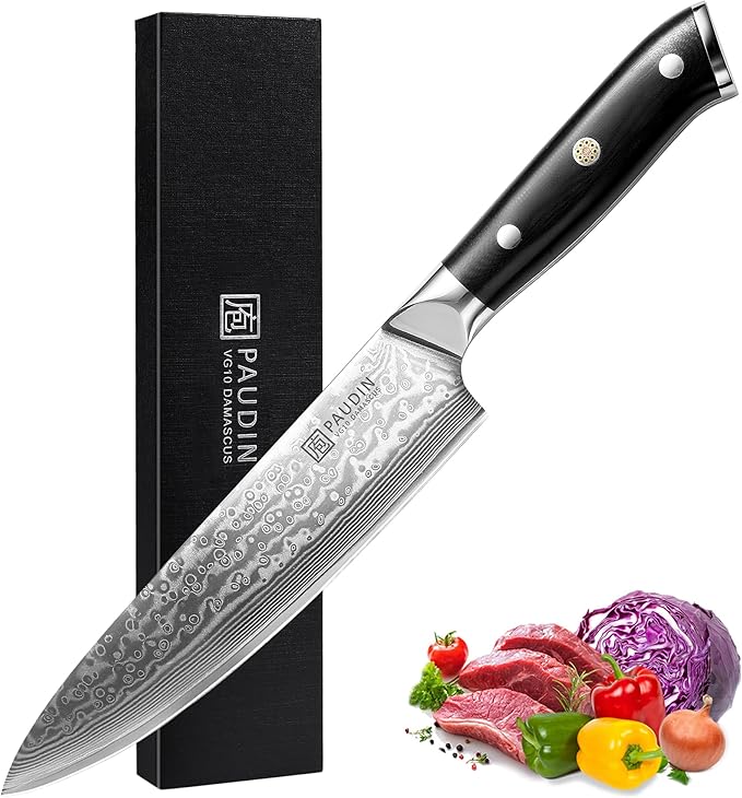 PAUDIN Chef Knife 8 Inch, Damascus Kitchen Knife with G10 Handle