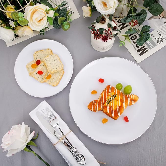 KIRE 100PCS Silver Plastic Plates - Heavy Duty White Disposable Plates with Silver Rim for Party/Wedding - Include 50Pcs 10.25inch Dinner Plates and 50Pcs 7.5inch Dessert Plates for Party