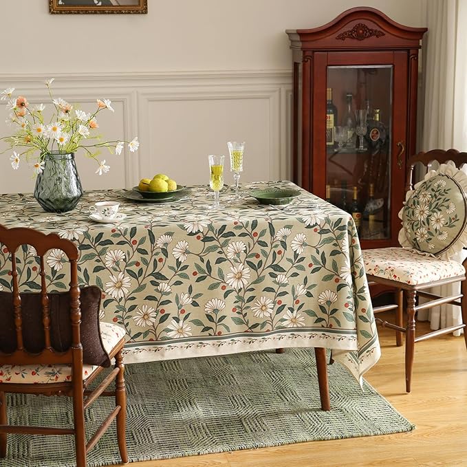 ISAENNE Designer Vintage Linen Green Rectangular Tablecloth,71"x55"-Brune