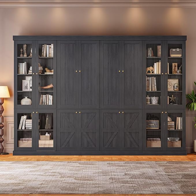 ivaniti 70.8" Tall Bookshelf with Doors, Farmhouse Modular Bookcase with 4-Tier Adjustable Shelves, Large Storage Cabinet for Home Office, Living Room, Set of 2