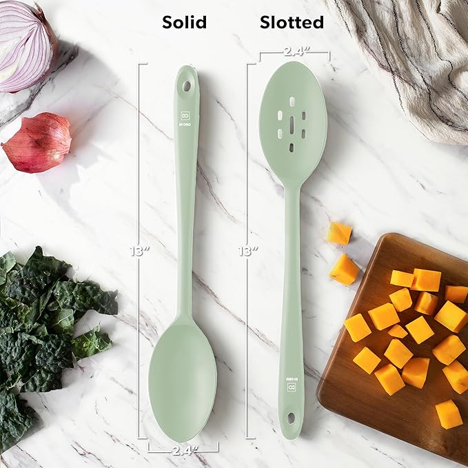DI ORO Silicone Cooking Spoons - Solid & Slotted Set, 2-Pc Sage