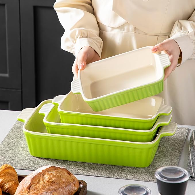 MALACASA Ceramic Baking Dishes Set of 4, Deep Casserole Dish, Green