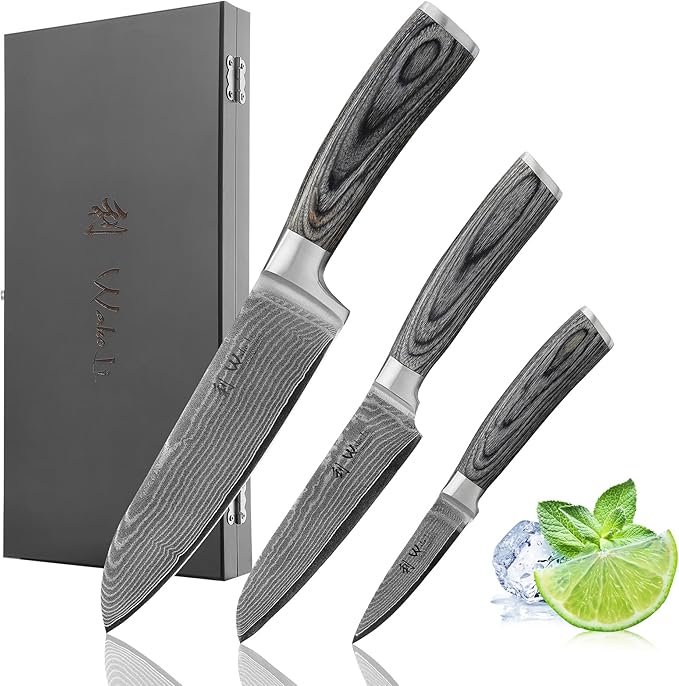 Wakoli EDIS 3-Piece Damascus Knife Set, VG10 Core, Pakkawood Handles