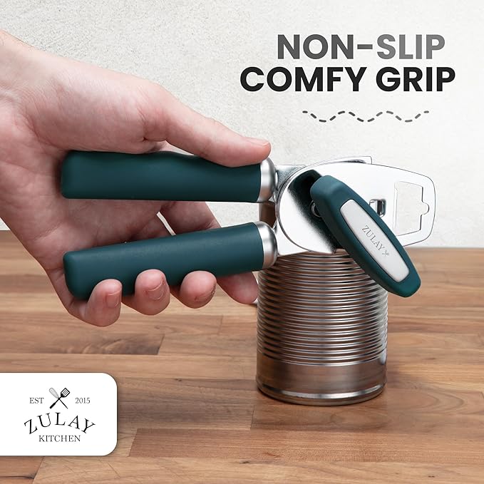 Zulay Kitchen Heavy Duty Stainless Steel Can Opener Manual with Bottle Opener - Rust Proof Manual Can Opener With Turn Knob & Comfy Soft Grip Handles - Green