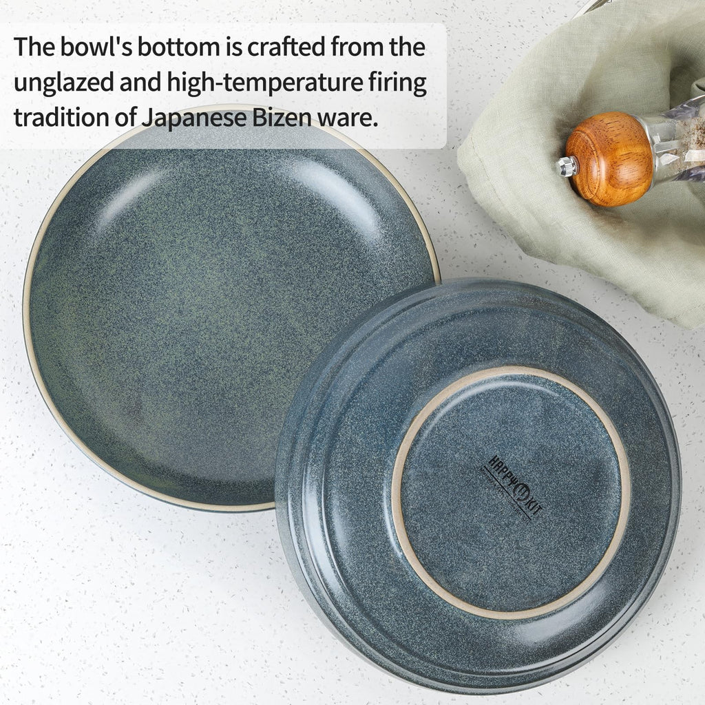 HAPPY KIT 9'' Pasta Bowls, 42oz Pasta Bowls Set of 4, Large Salad Bowl, Ceramic Serving Bowls,Double Reactive Glaze, Ideal for Housewarming, Festivals, Microwave Safe (Peacock Blue)
