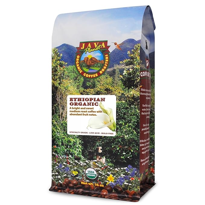Java Planet Low Acid Organic Ethiopian Coffee Beans, Medium Roast, 16 oz
