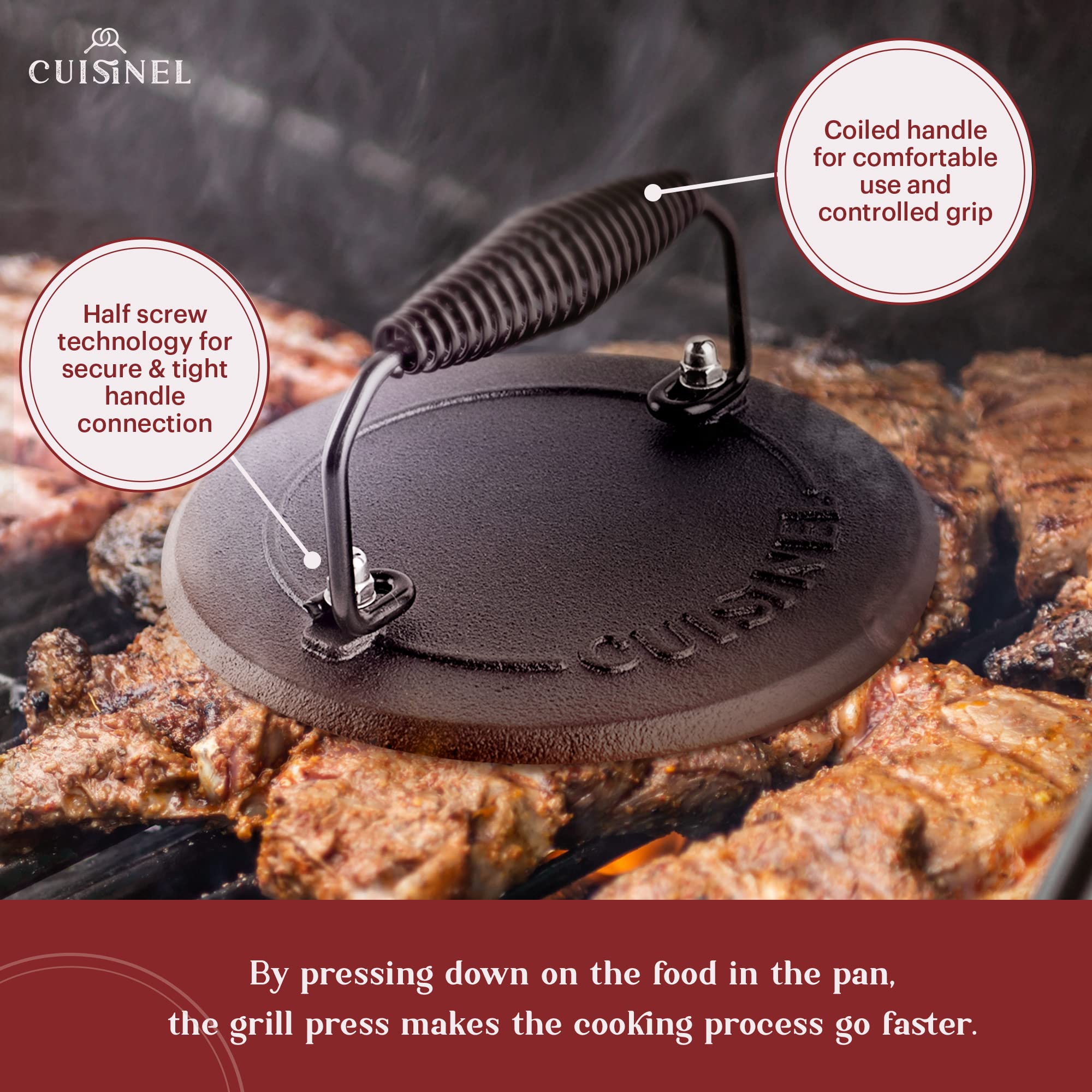 Cuisinel Cast Iron Skillet + Grill Press + Scraper Set - 10"-inch Pre-Seasoned Frying Pan + Silicone Handle Grip - 7" Round Burger Smasher - Indoor/Outdoor, Grill, Kitchen Cookware. PFAS and PFOA-free
