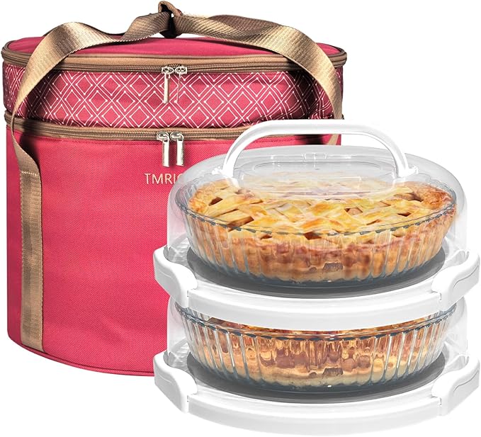 Tmrioplep 2 Pack Pie Carrier with Lids and Handles, Loadable Cupcake or Pizza Storage Containers, Includes Insulated Bags and Insulated Non-Slip Pads, Perfect for Transportation (Red)