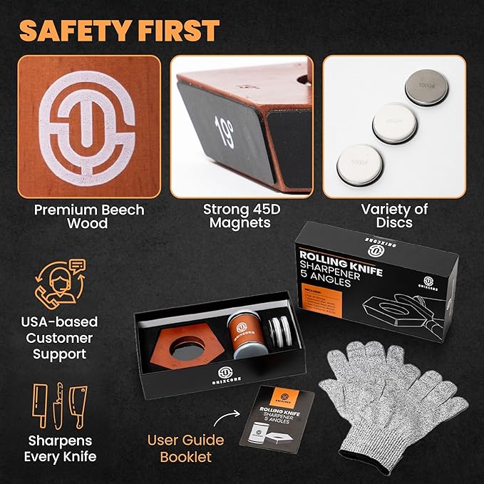 Rolling Knife Sharpener Kit, 5-Angle Magnetic Knife Sharpener Roller with 4 Diamond & Ceramic Discs, Gloves Included, Manual Guided Knife Sharpening Kit for Kitchen, Japanese, Pocket & Hunting Knives