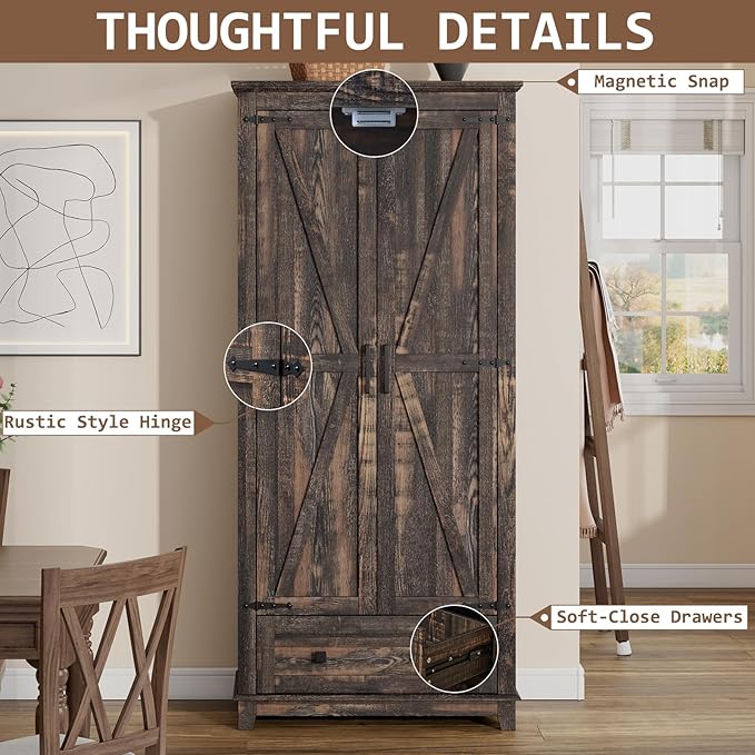 LUXOAK Farmhouse Kitchen Pantry Cabinet, 72" Tall Storage Cabinet with Adjustable Shelves & Barn Doors, Freestanding Kitchen Cupboard for Dining Room, Living Room, Dark Rustic Oak