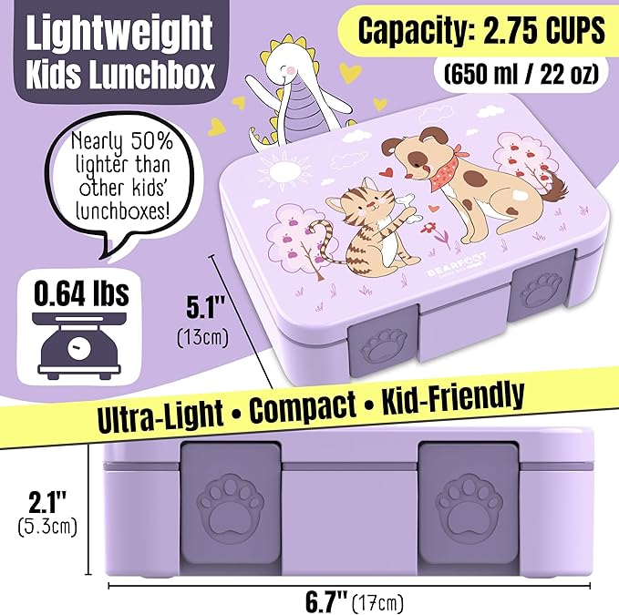 BEARFOOT Kids Lunch Box with Compartments – Compact & Lightweight | Leak-Proof, BPA-Free, Dishwasher Safe | Hand-Drawn Design for Preschool, School, Travel (Dog & Cat Purple, 2.75 Cups)