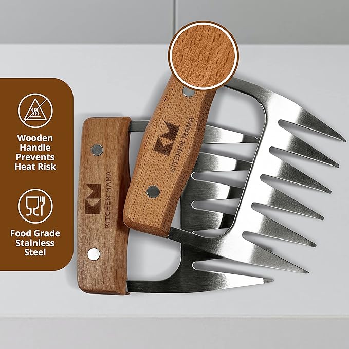 Kitchen Mama Meat Claws, Stainless Steel with Wooden Handle, 1 Pair