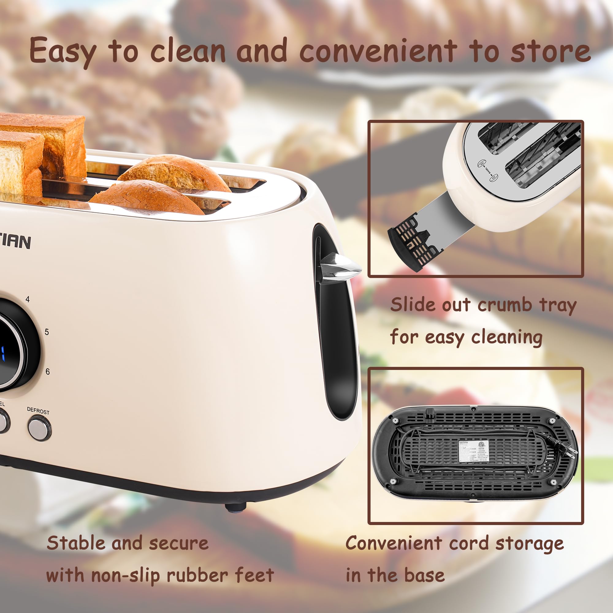 Toaster 4 Slice, KOTlAN Retro Long Slot Toasters with CountdownTimer,Stainless Steel Toaster,Bagel,Defrost,Reheat,Cancel Functions,Extra Wide Slots,6 Toast Settings,Removable Crumbs Tray,White