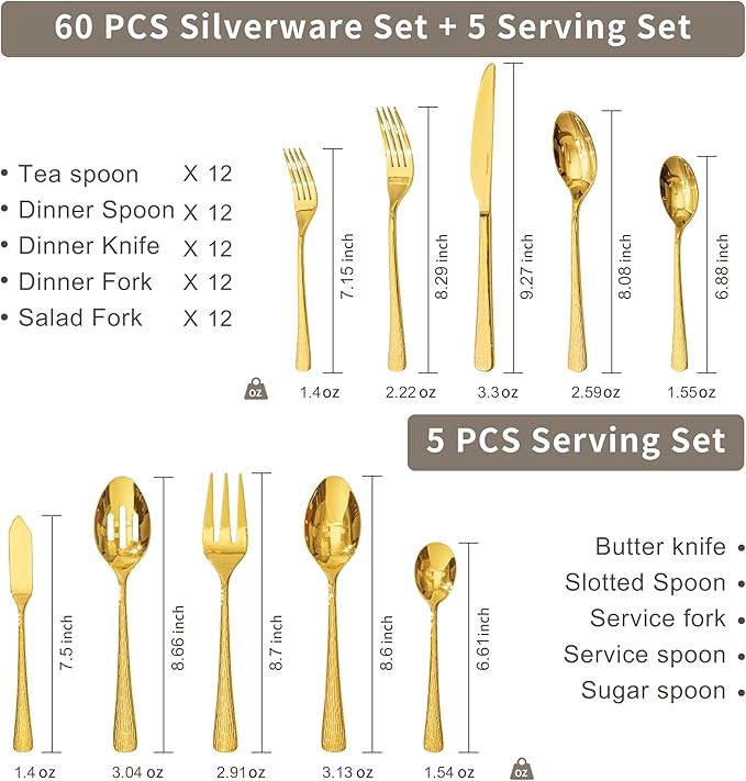 65 Piece Gold Silverware Set with Serving Utensils, 18/10 Stainless Steel