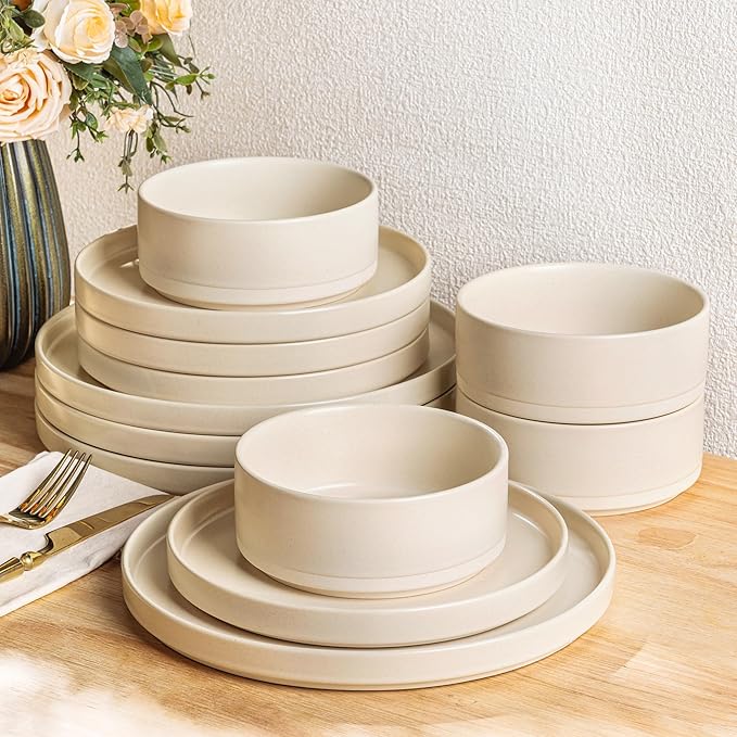 TheTerra Ceramic Dinnerware Set for 4, 12-Piece Plates and Bowls Set