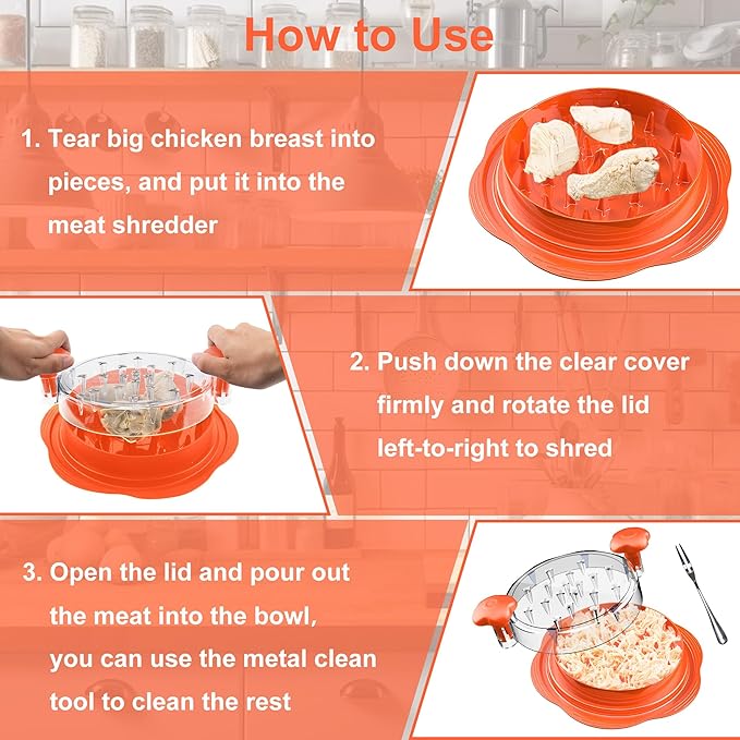 Chicken Shredder Tool Twist Large Meat Shredder with Brush&Fork, Orange