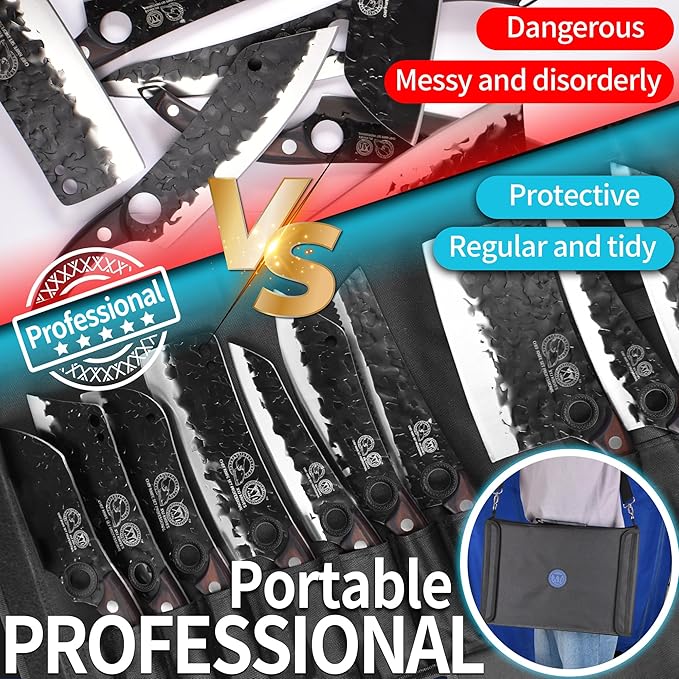 XYJ Professional Kitchen Knife Set with Bag, Forged Blades, Full Tang