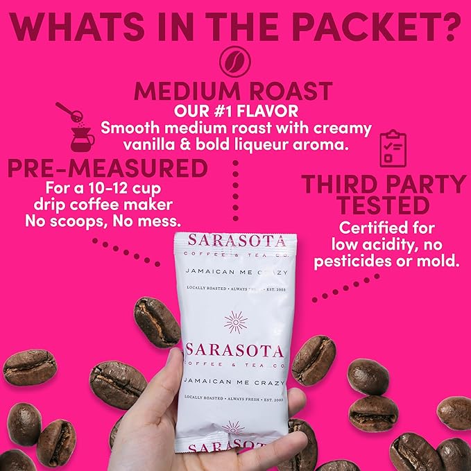 Coffee Packets – Bulk Jamaican Me Crazy Coffee Fractional Packs | Gourmet Flavored 1.75 oz Single-Pot Pouches for 12 Cup Brewers | Low Acid Mold Free Assorted Sampler Box, 100 Count – Sarasota