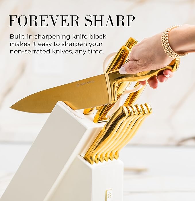 Styled Settings Gold Knife Set with Block and Sharpener, 14-Piece