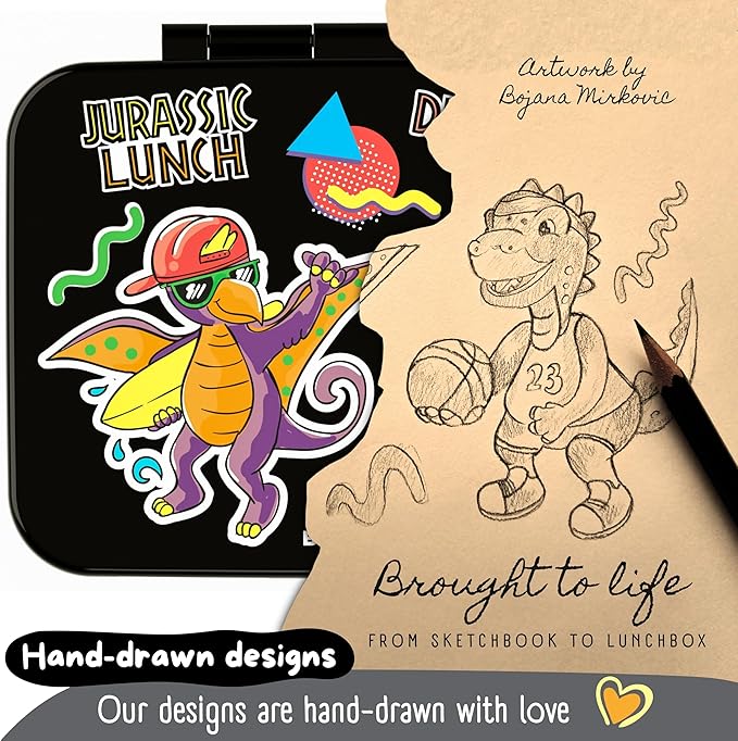 BEARFOOT Kids Lunch Box with Compartments – Compact & Lightweight | Leak-Proof, BPA-Free, Dishwasher Safe | Hand-Drawn Design for Preschool, School, Travel (Dinos Black, 2.75 Cups)