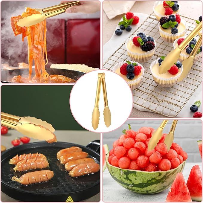 Dimeho 12 Pack Stainless Steel Buffet Tong Gold Serving Tongs 9 Inch Buffet Utensils Heavy Duty Durable Clamps Metal Kitchen Clip for Salad Steak Wedding Party Banquet Gathering