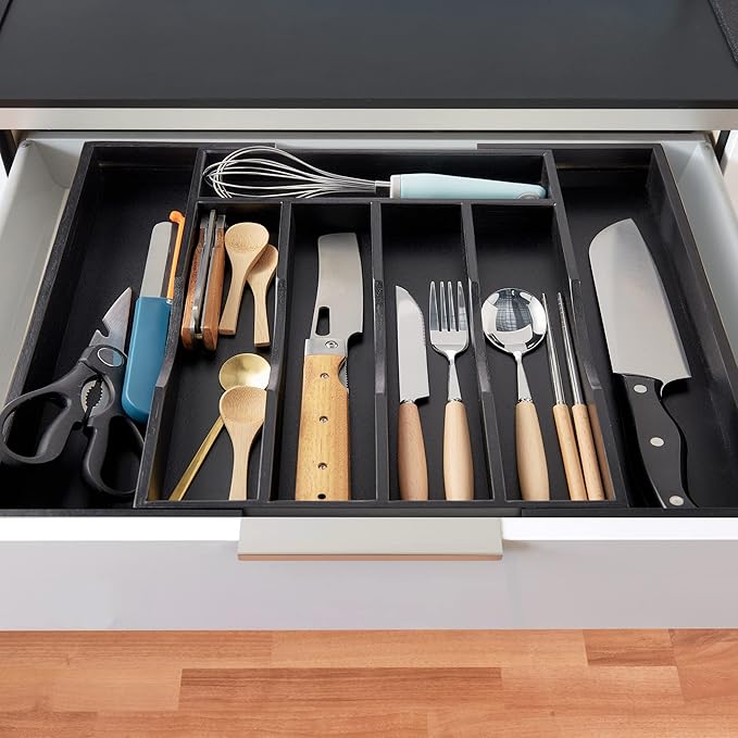 oridom 2-Piece Expandable Bamboo Kitchen Drawer Organizer for Cutlery and Utensils, Adjustable Bamboo Wood Cutlery Tray in Drawer for Flatware and Silverware in Kitchen, (Black)