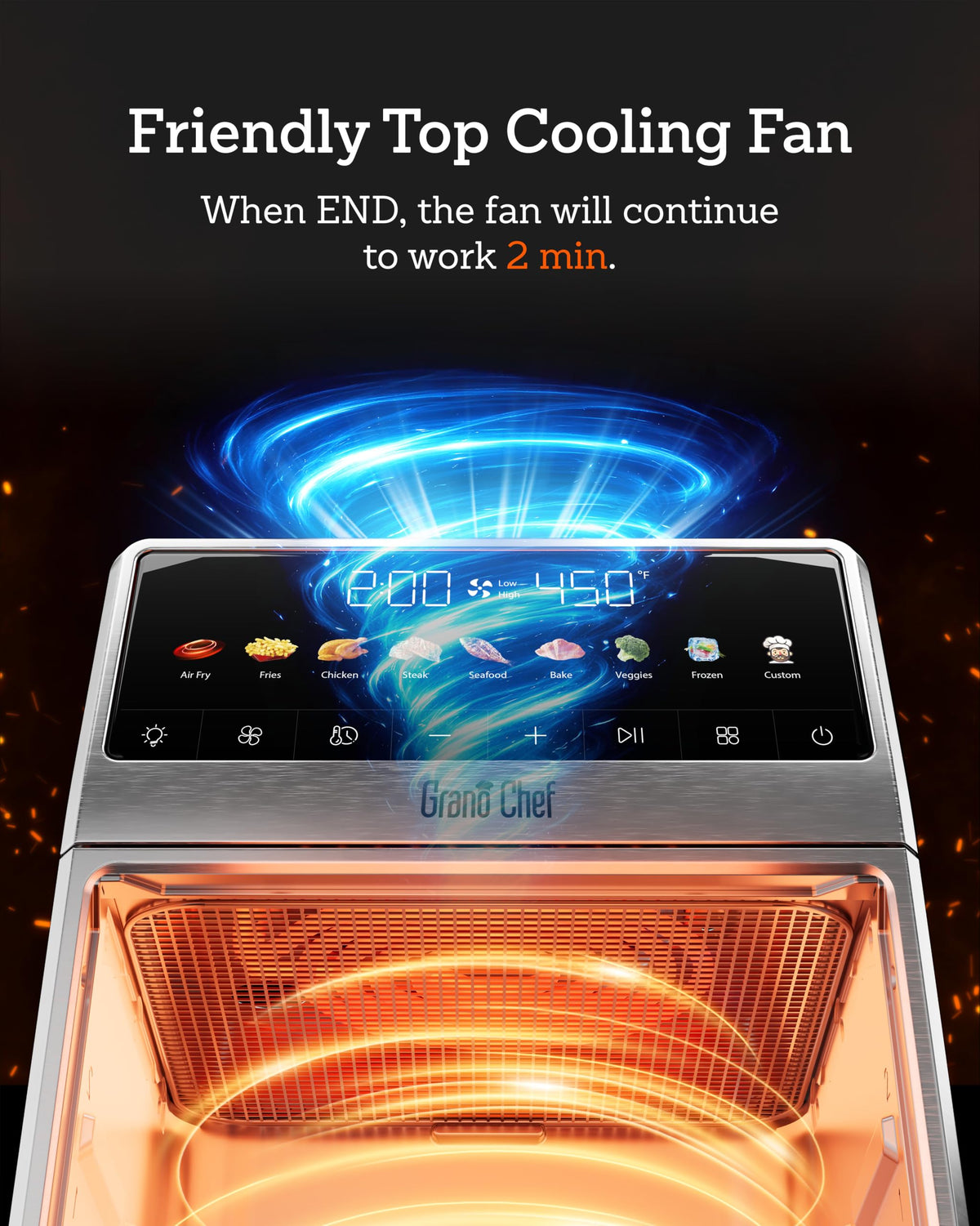6Qt Stainless Steel Air Fryer Non Toxic, Ceramic Glaze, 120°F~450°F, 1700W