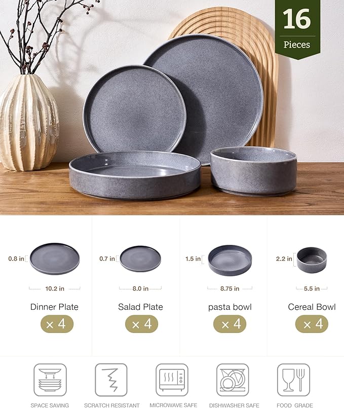 Famiware Annecy 16-Piece Stoneware Plates and Bowls, Misty Blue